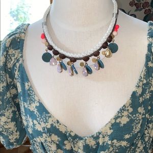 J.Crew Special Edition statement necklace. Woven leather and multi-Gems.